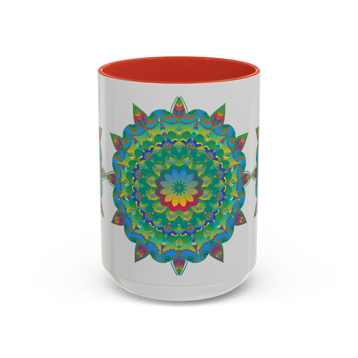 Beautiful, hand-painted mandala art mug with vibrant, colorful floral design