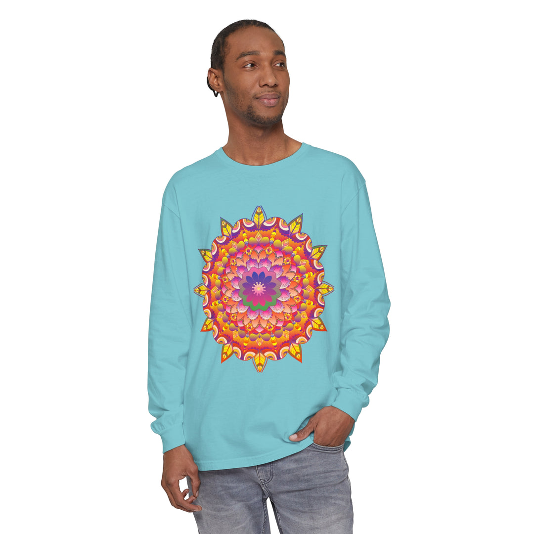 Vibrant Mandala Unisex Long Sleeve T-Shirt, featuring intricate and colorful mandala design perfect for both men and women