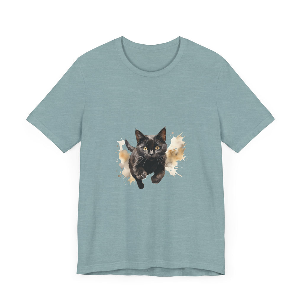 Black Cat Watercolor Sprint T-Shirt: A vibrant, hand-painted graphic of a black cat sprinting on a watercolor background