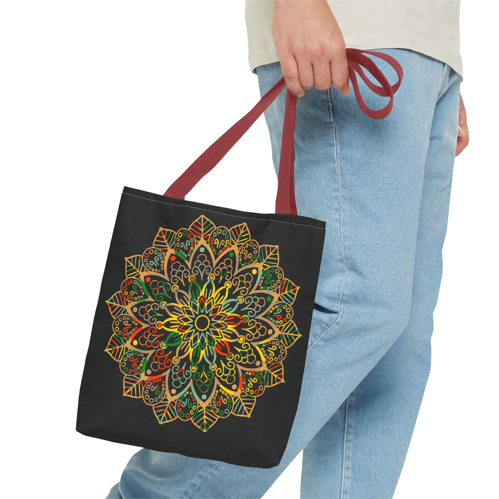 Colorful hand-drawn mandala art tote bag with all-over print design