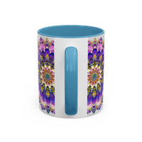 Handcrafted mandala art mug featuring vibrant, intricate designs in a range of colors against a subtle grey background