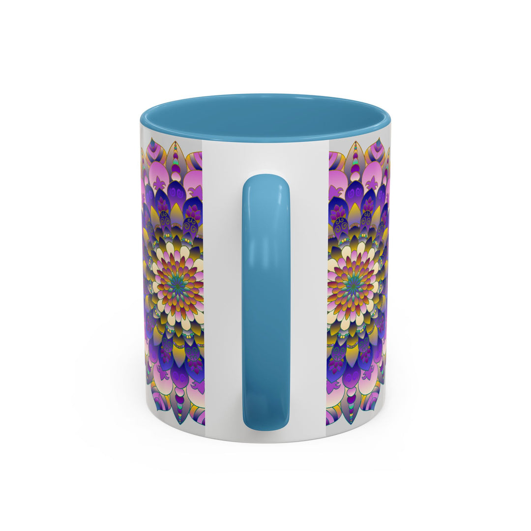 Handcrafted mandala art mug featuring vibrant, intricate designs in a range of colors against a subtle grey background