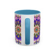 Handcrafted mandala art mug featuring vibrant, intricate designs in a range of colors against a subtle grey background