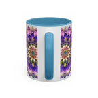 Handcrafted mandala art mug featuring vibrant, intricate designs in a range of colors against a subtle grey background