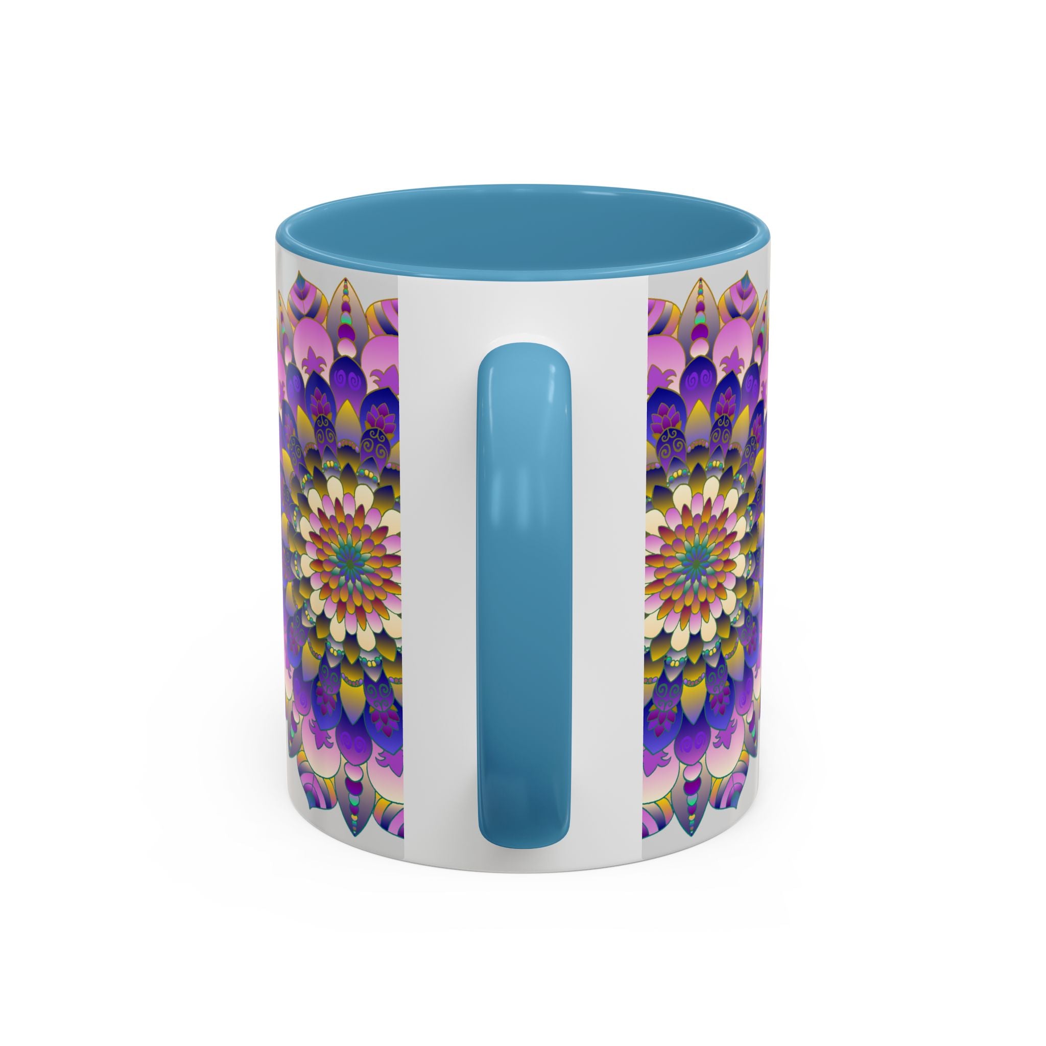 Handcrafted mandala art mug featuring vibrant, intricate designs in a range of colors against a subtle grey background