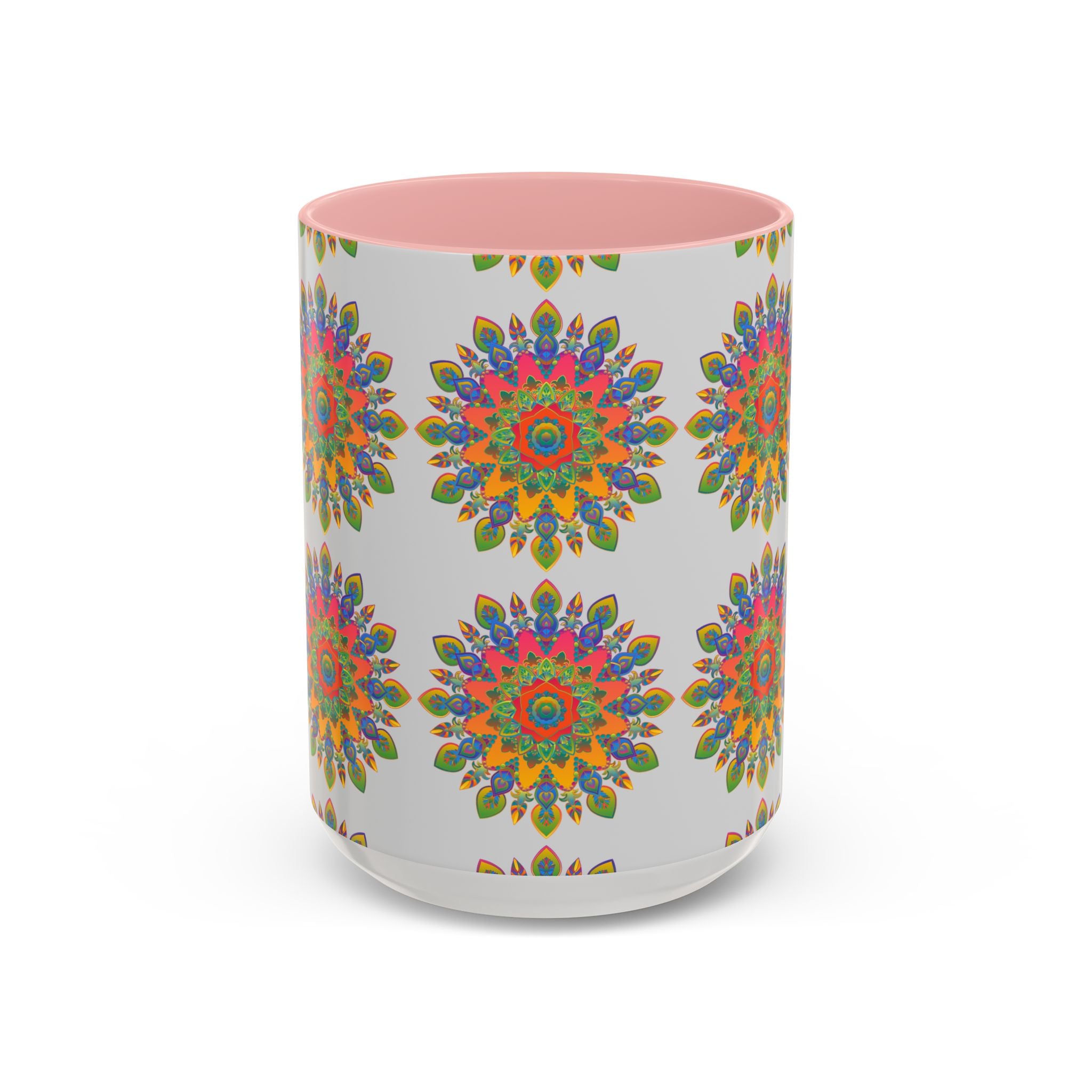 A beautiful, colorful mandala mug featuring intricate art on a grey background