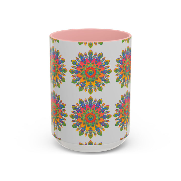 A beautiful, colorful mandala mug featuring intricate art on a grey background