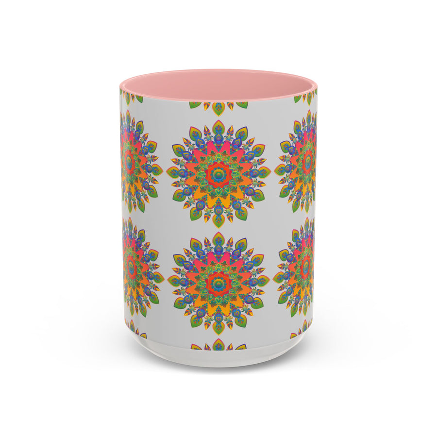 A beautiful, colorful mandala mug featuring intricate art on a grey background