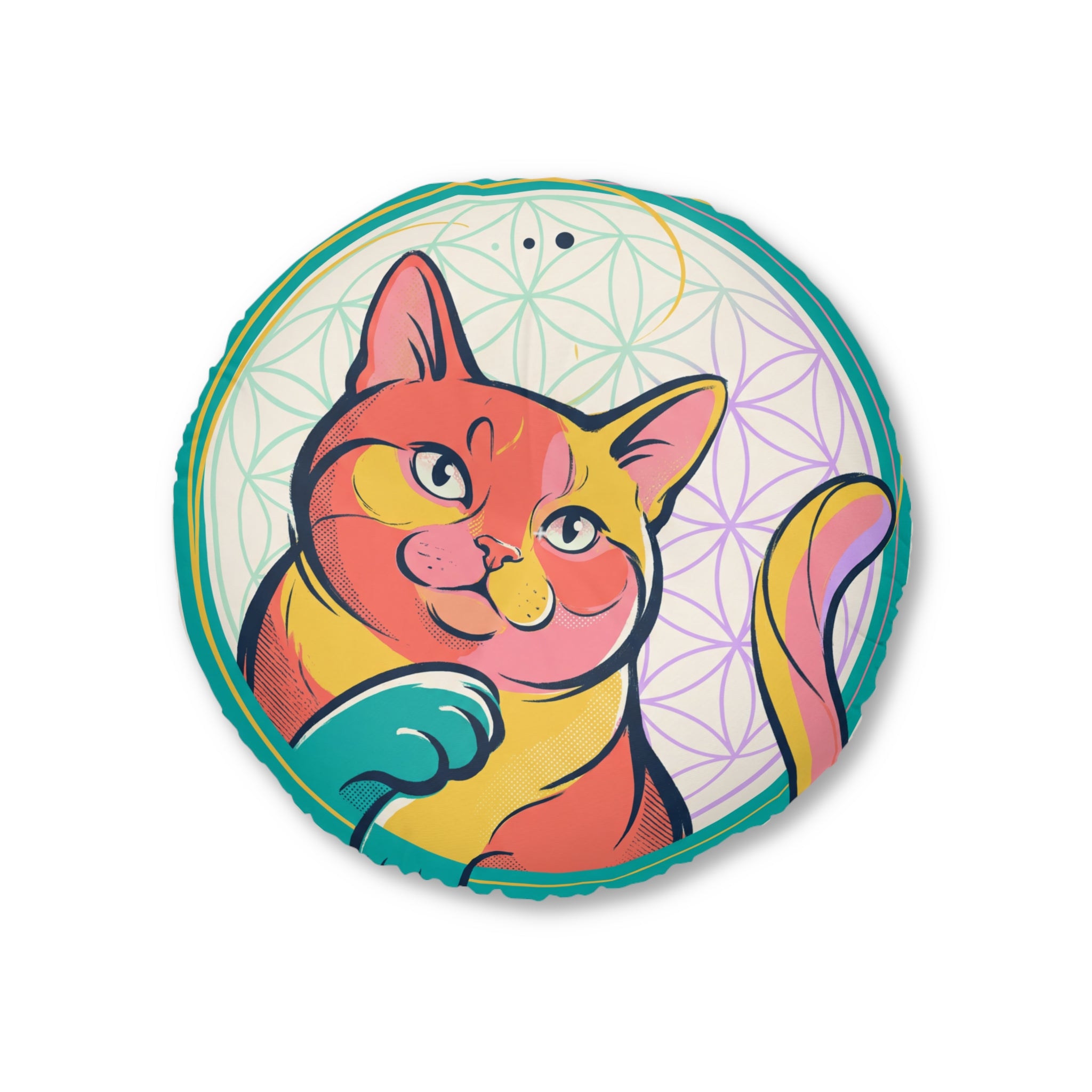 Rundes Bodenkissen mit Katzenmotiv und heiliger Geometrie