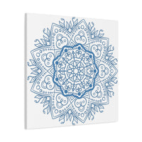 Beautiful handmade mandala design wall art in steel blue on matte canvas, stretched to 125 inches for a stunning, high-quality piece of home decor