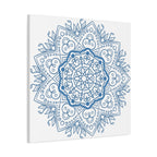 Beautiful handmade mandala design wall art in steel blue on matte canvas, stretched to 125 inches for a stunning, high-quality piece of home decor