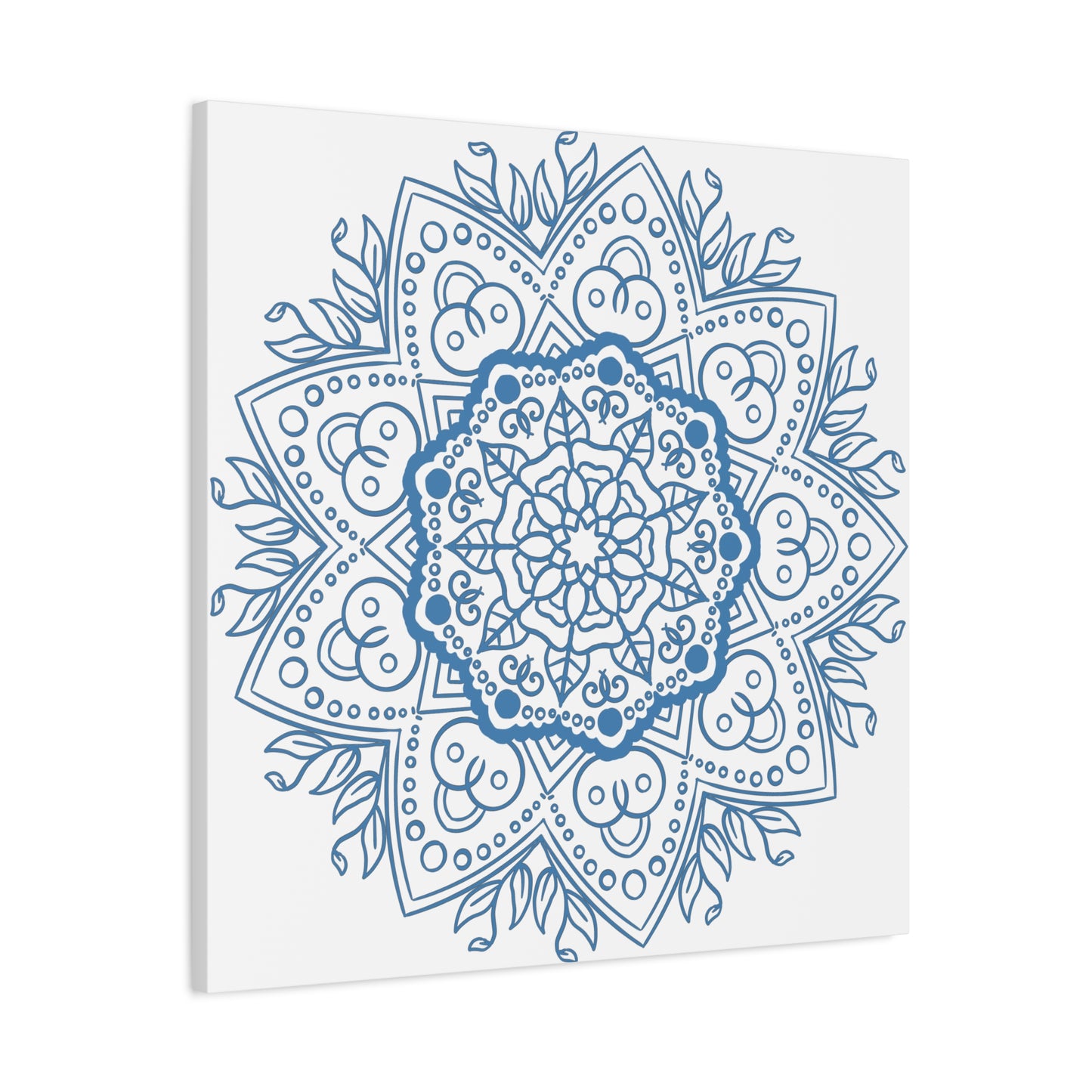 Beautiful handmade mandala design wall art in steel blue on matte canvas, stretched to 125 inches for a stunning, high-quality piece of home decor