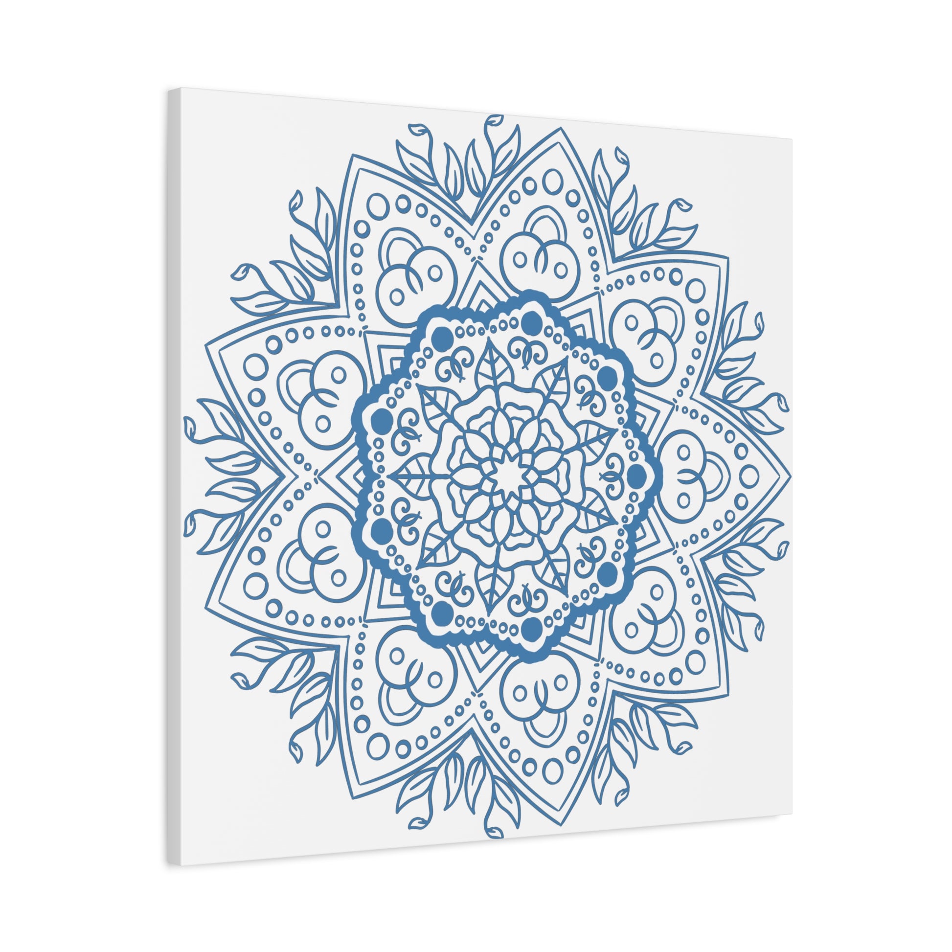 Beautiful handmade mandala design wall art in steel blue on matte canvas, stretched to 125 inches for a stunning, high-quality piece of home decor