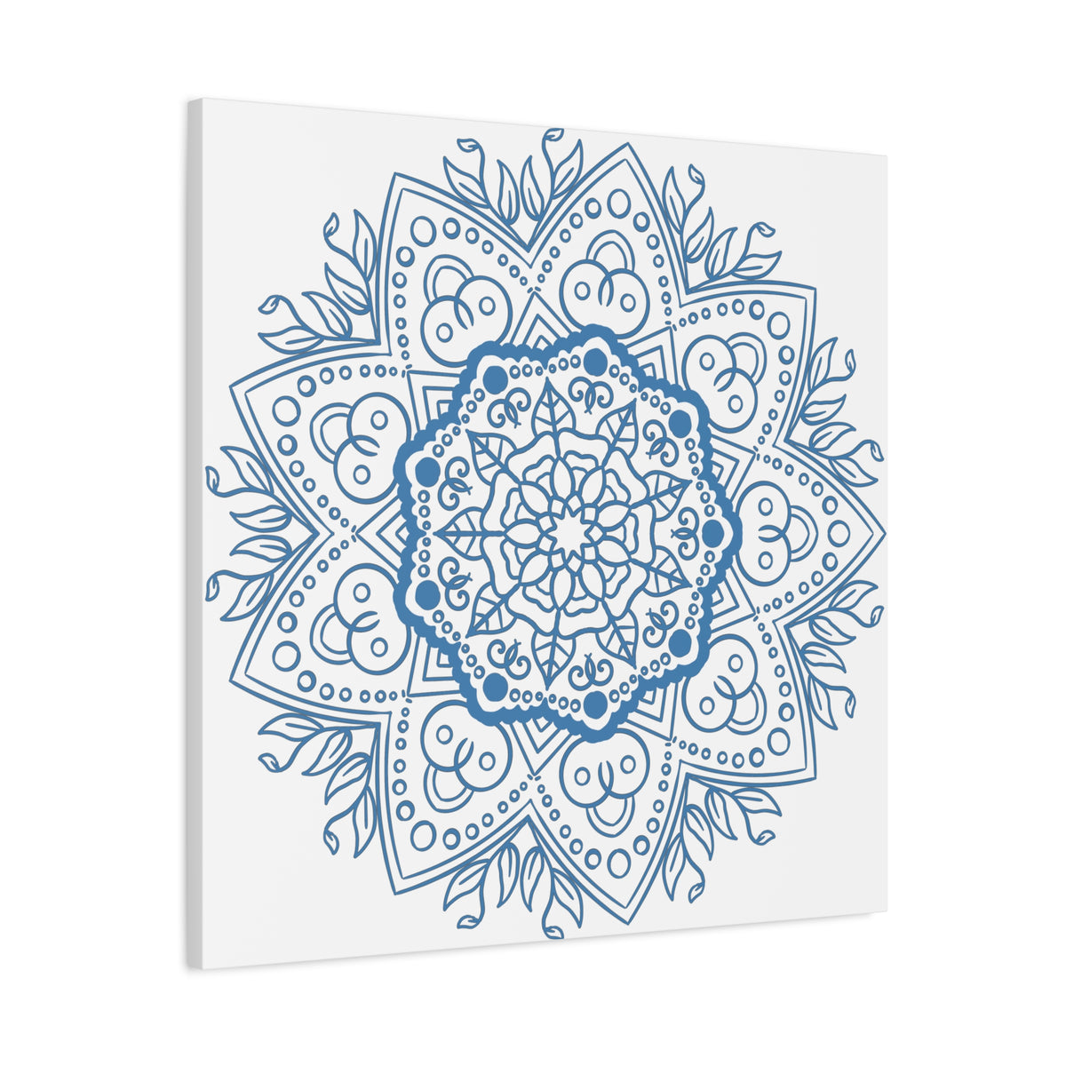 Beautiful handmade mandala design wall art in steel blue on matte canvas, stretched to 125 inches for a stunning, high-quality piece of home decor
