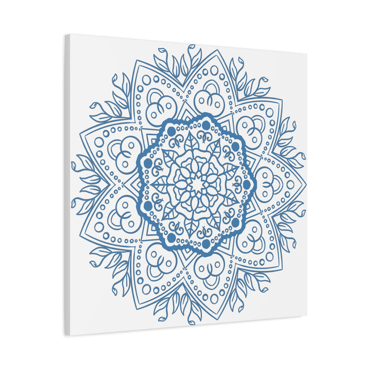 Beautiful handmade mandala design wall art in steel blue on matte canvas, stretched to 125 inches for a stunning, high-quality piece of home decor