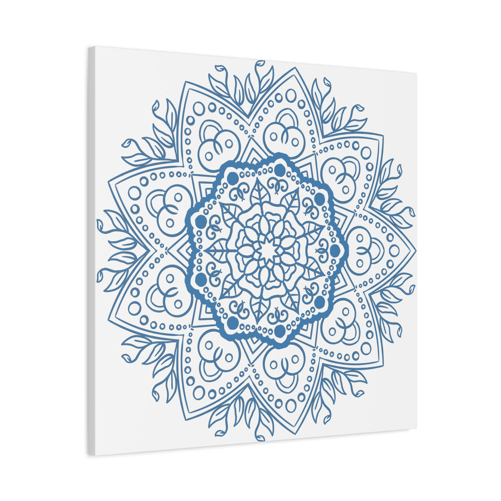 Beautiful handmade mandala design wall art in steel blue on matte canvas, stretched to 125 inches for a stunning, high-quality piece of home decor