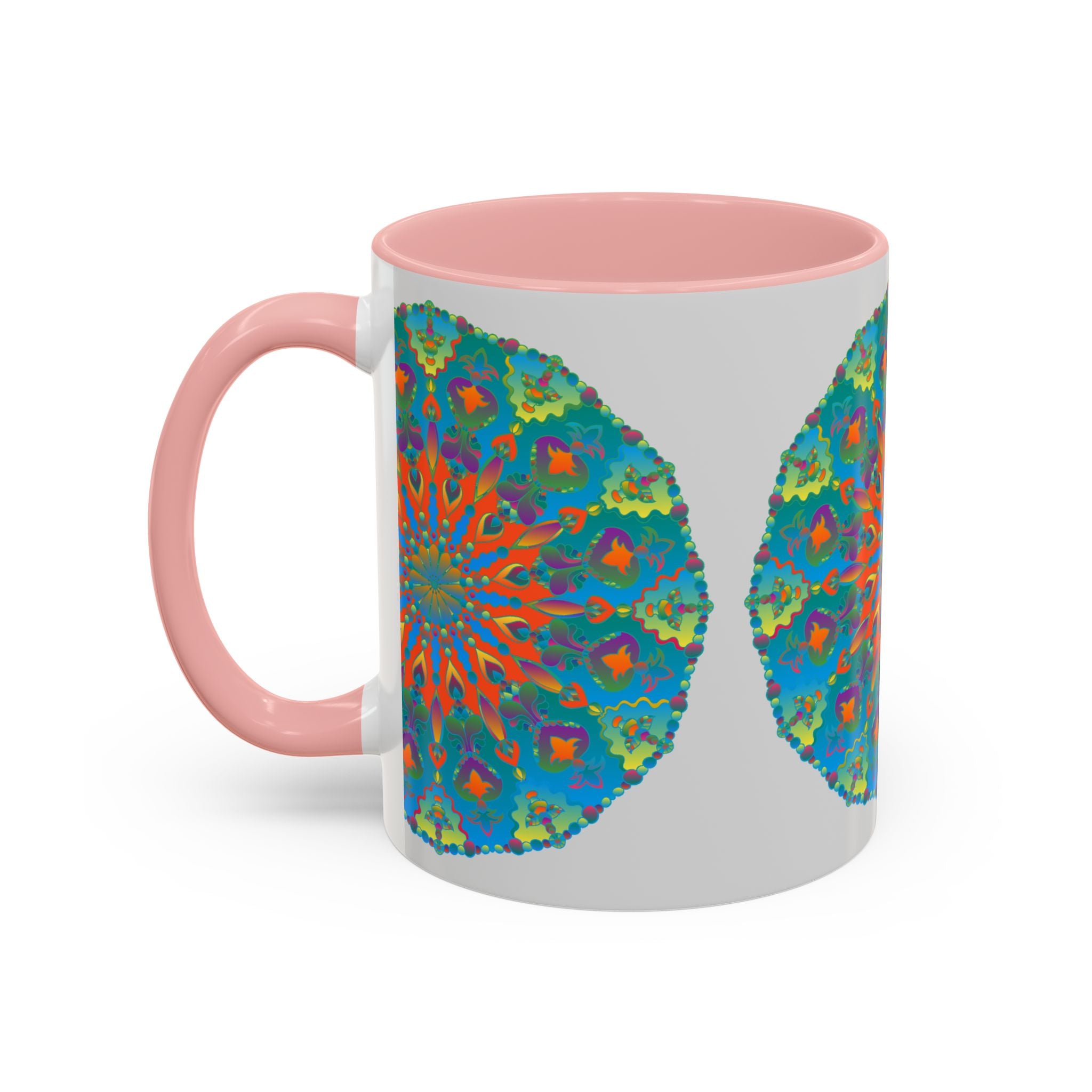 Intricately designed blue and green mandala art mug, perfect for tea or coffee lovers