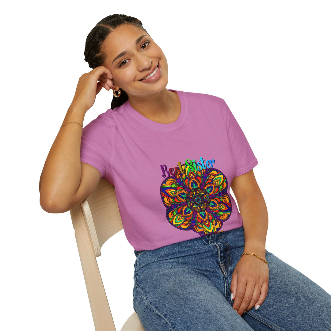 Softstyle unisex t-shirt with hand-drawn mandala art design, perfect gift for sister