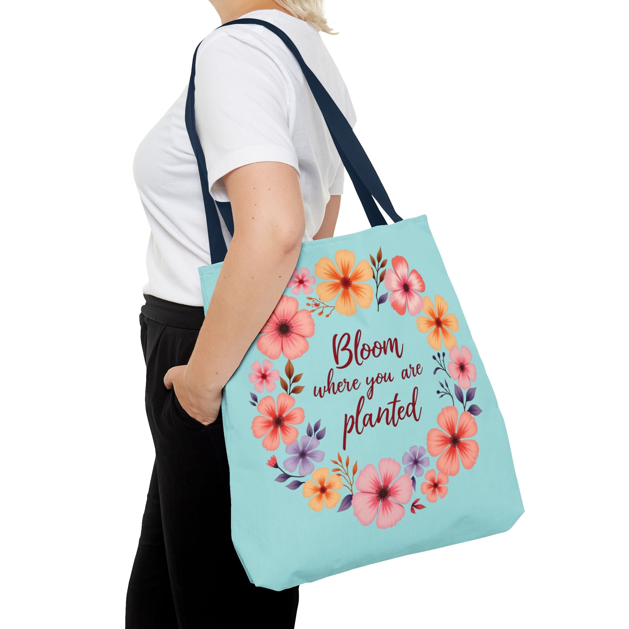 Large, medium, and small floral tote bags with 'Bloom Where You Are Planted' design