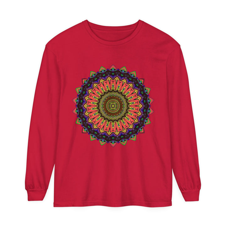 Colorful, intricately designed long sleeve T-shirt with a mandala pattern