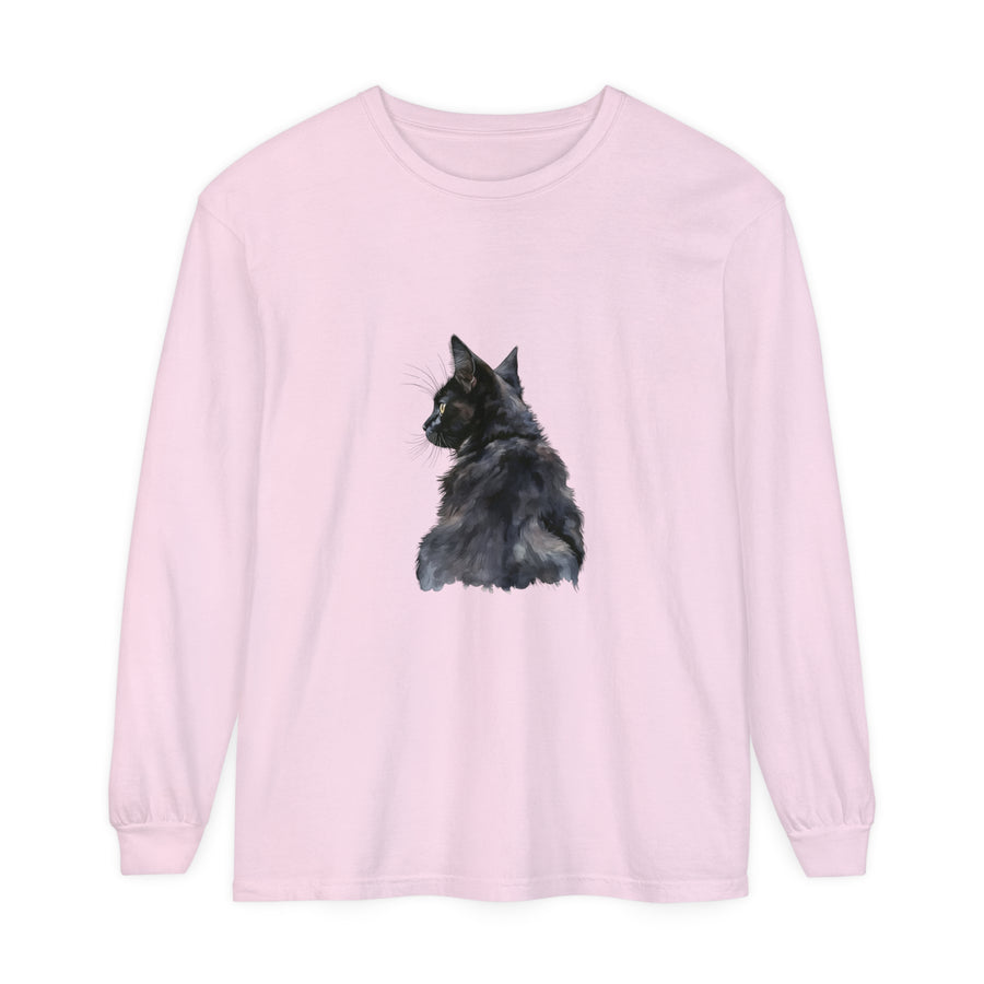 Black Cat Watercolor Long Sleeve T-Shirt with vibrant and detailed feline design