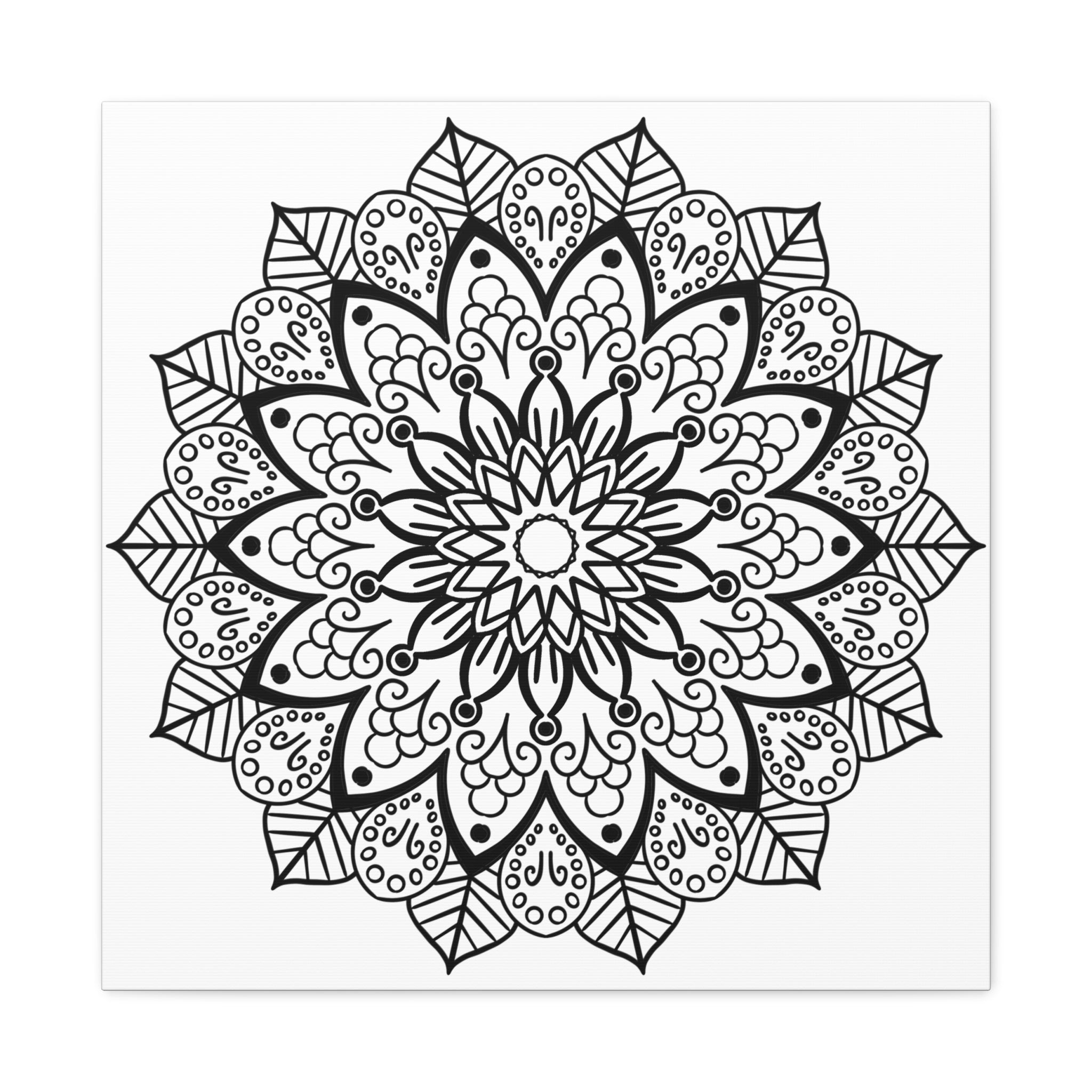 Beautiful handcrafted black and white mandala art on matte canvas, stretched and ready to hang on your wall, 125 inches thick