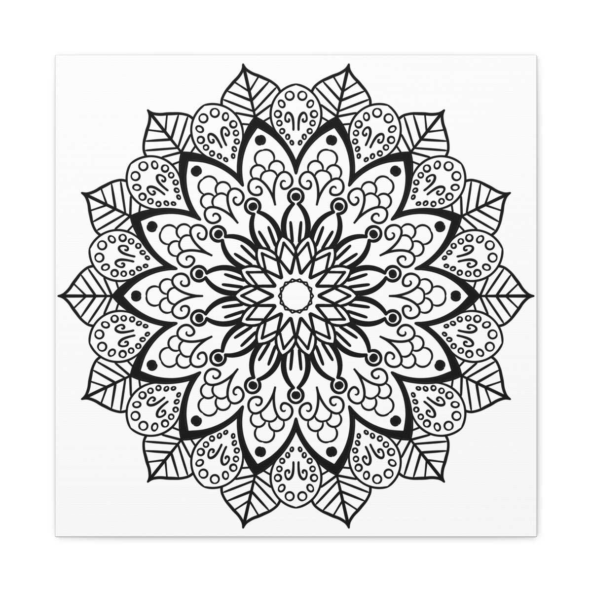 Beautiful handcrafted black and white mandala art on matte canvas, stretched and ready to hang on your wall, 125 inches thick