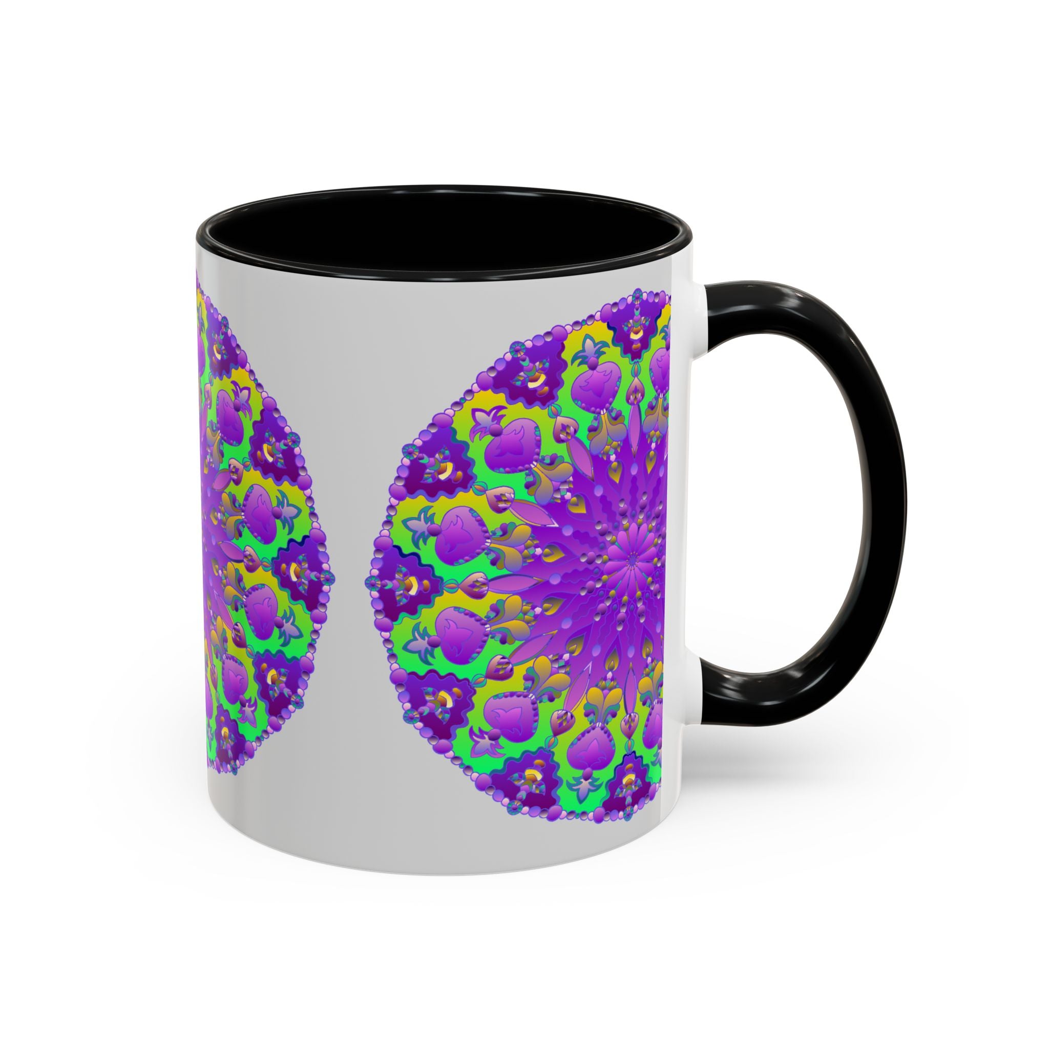 Beautiful purple mandala design on a grey ceramic mug, perfect for adding a vibrant touch to your morning coffee routine