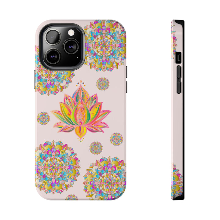 Beautiful light pink lotus flower mandala phone case design on a protective cover