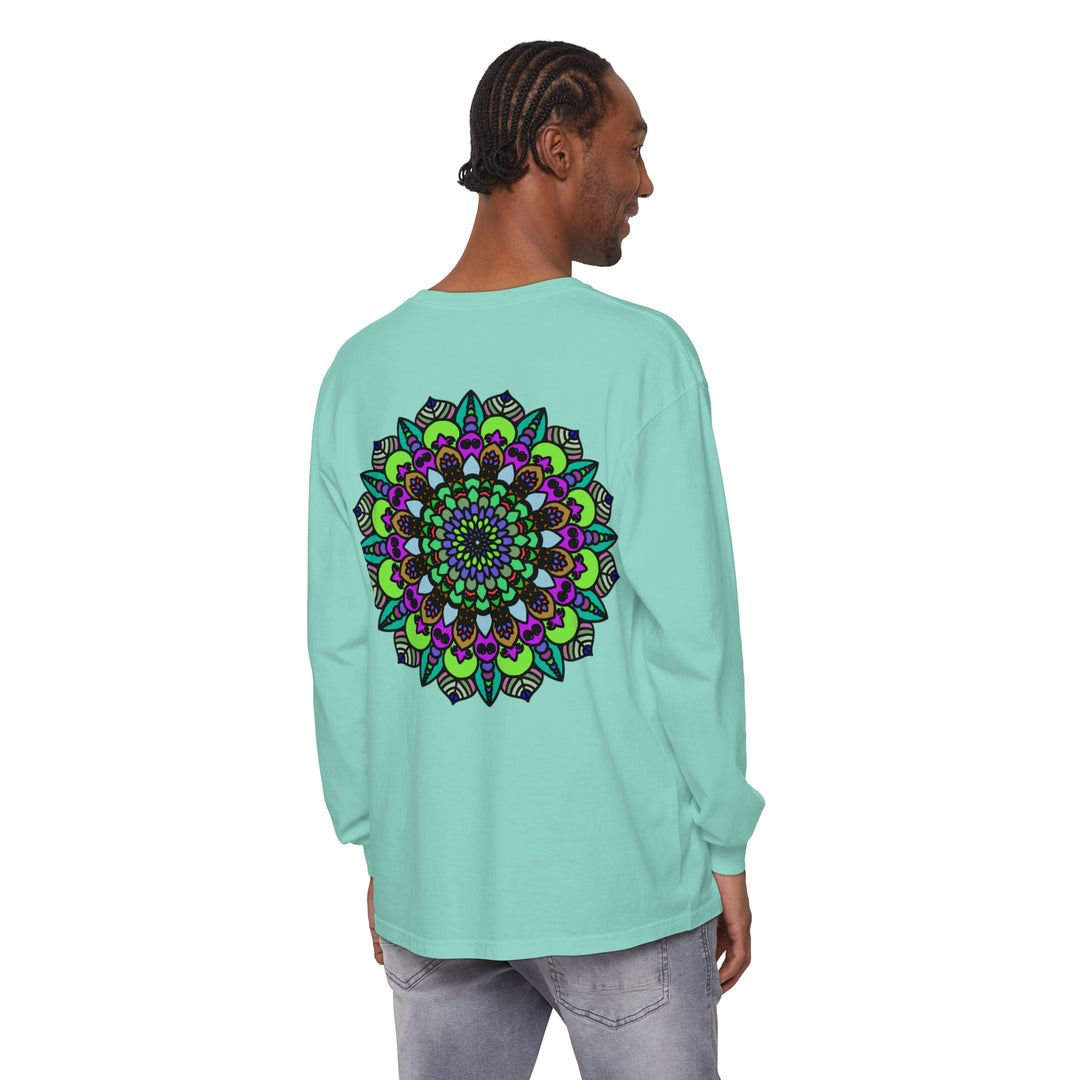 Colorful and intricate psychedelic mandala design on unisex long sleeve t-shirt