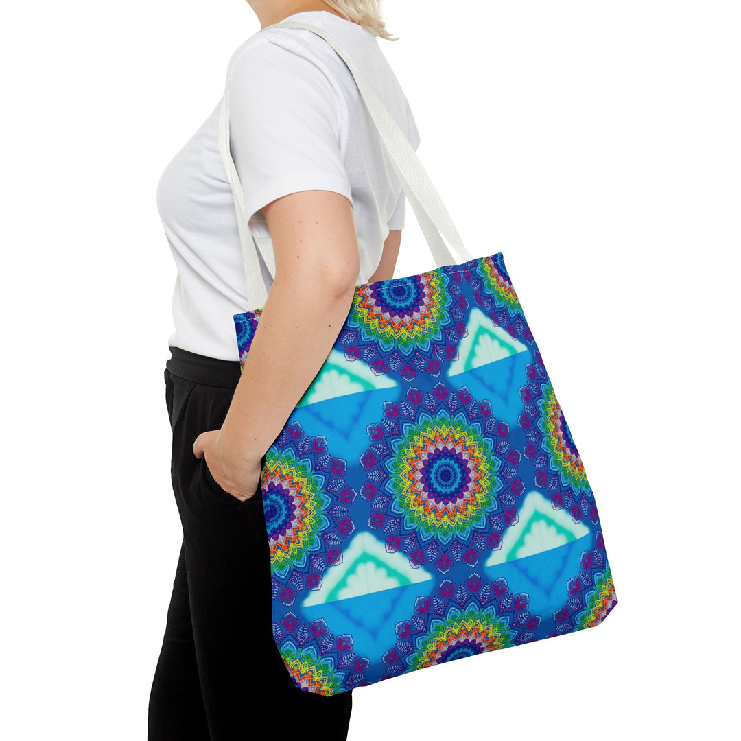 Vibrant and intricate mandala design on a large tote bag