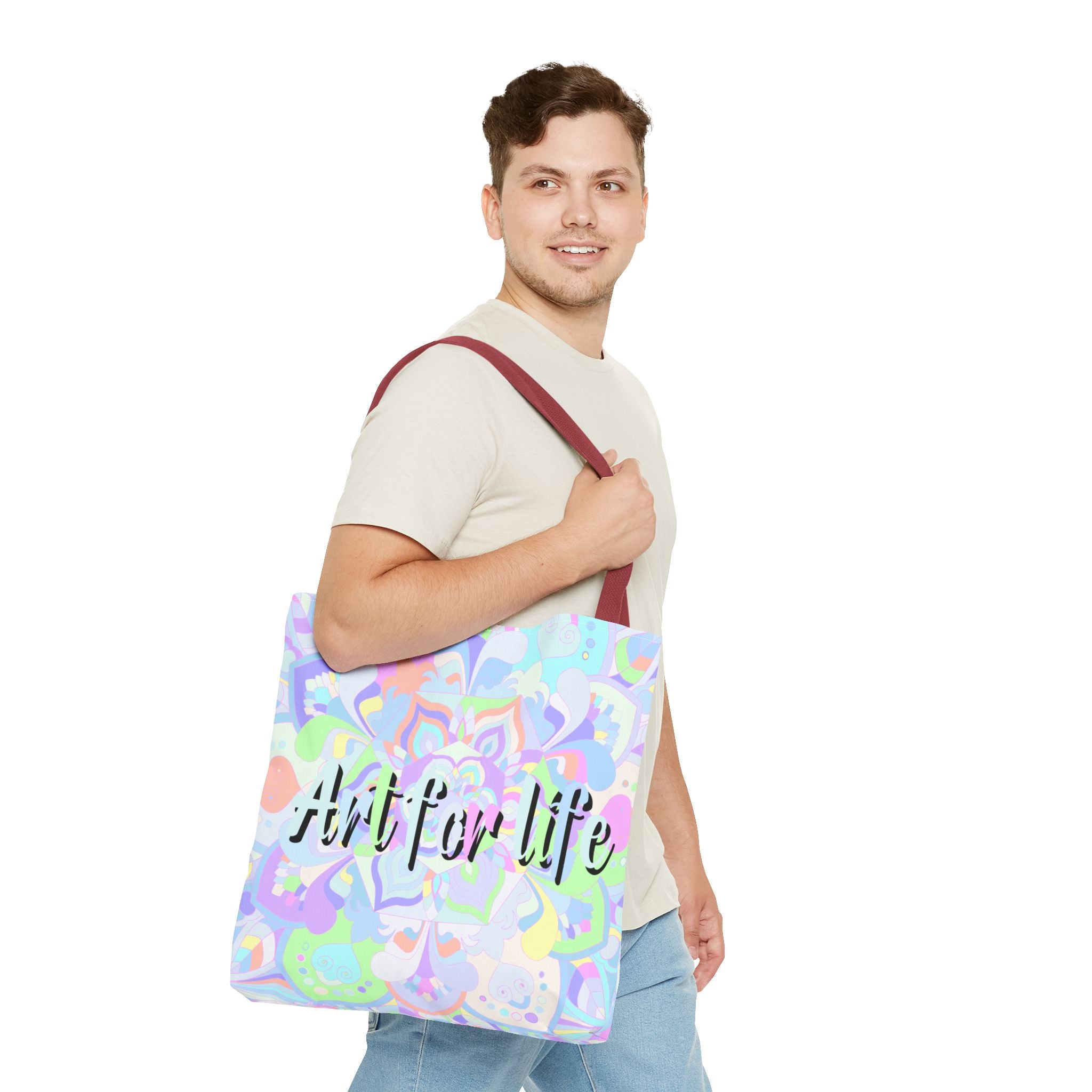 Colorful mandala tote bag featuring a vibrant design and inspiring 'Art for Life' quote, perfect for carrying your essentials in style and spreading positivity