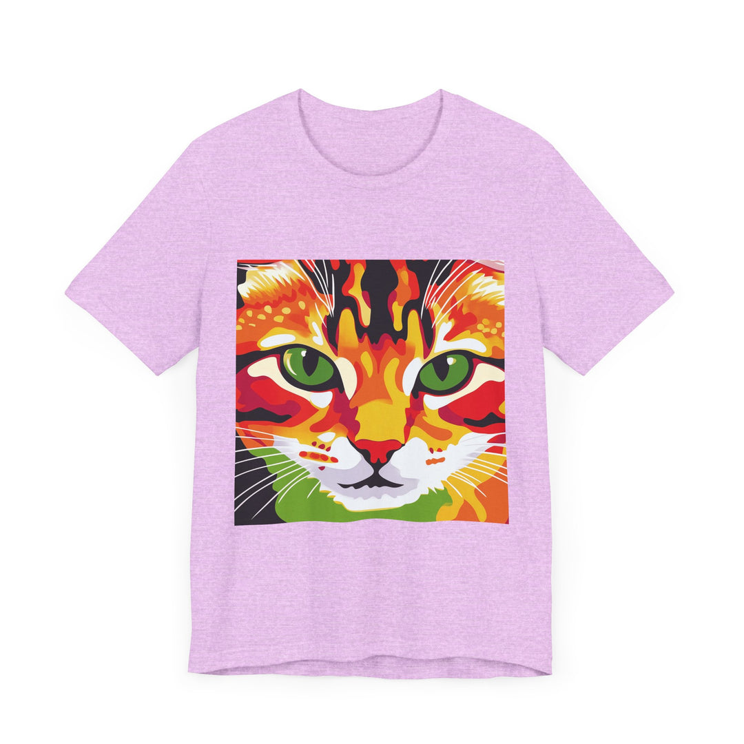 Vibrant abstract artwork featuring a beautiful Savanna Cat, printed on a high-quality t-shirt