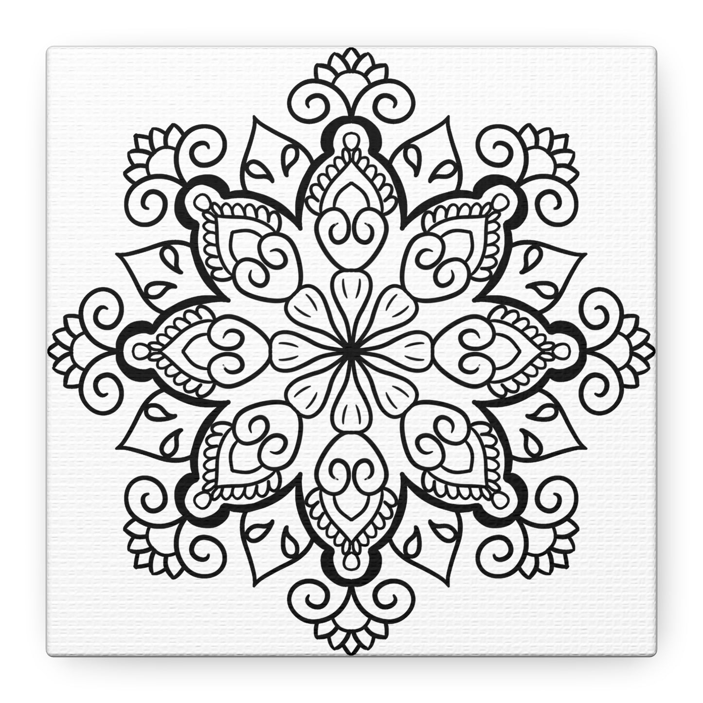 Handmade black and white mandala art on matte canvas, stretched, 125 inches