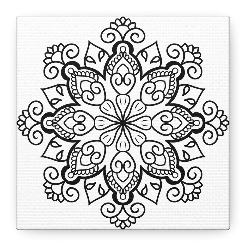 Handmade black and white mandala art on matte canvas, stretched, 125 inches