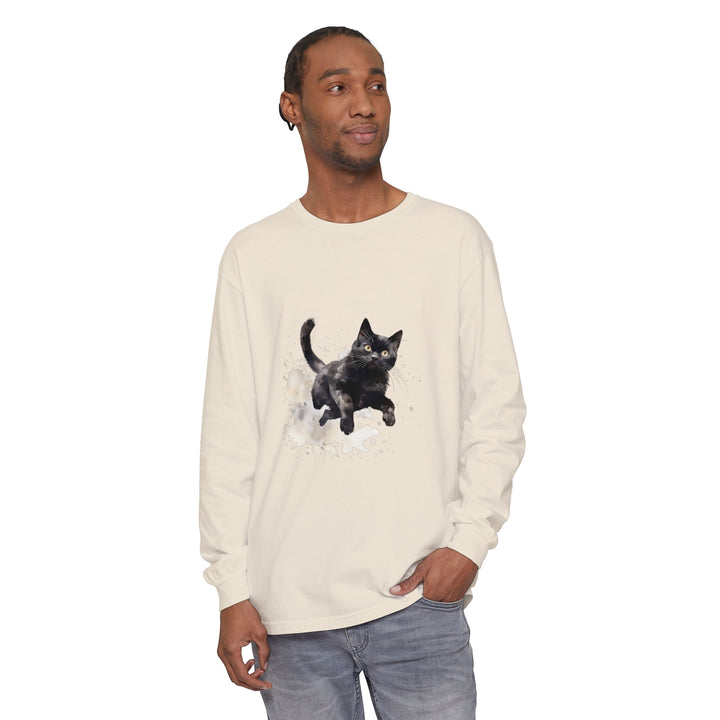 Black Cat Watercolor Splash T-Shirt with vibrant colors and playful feline design