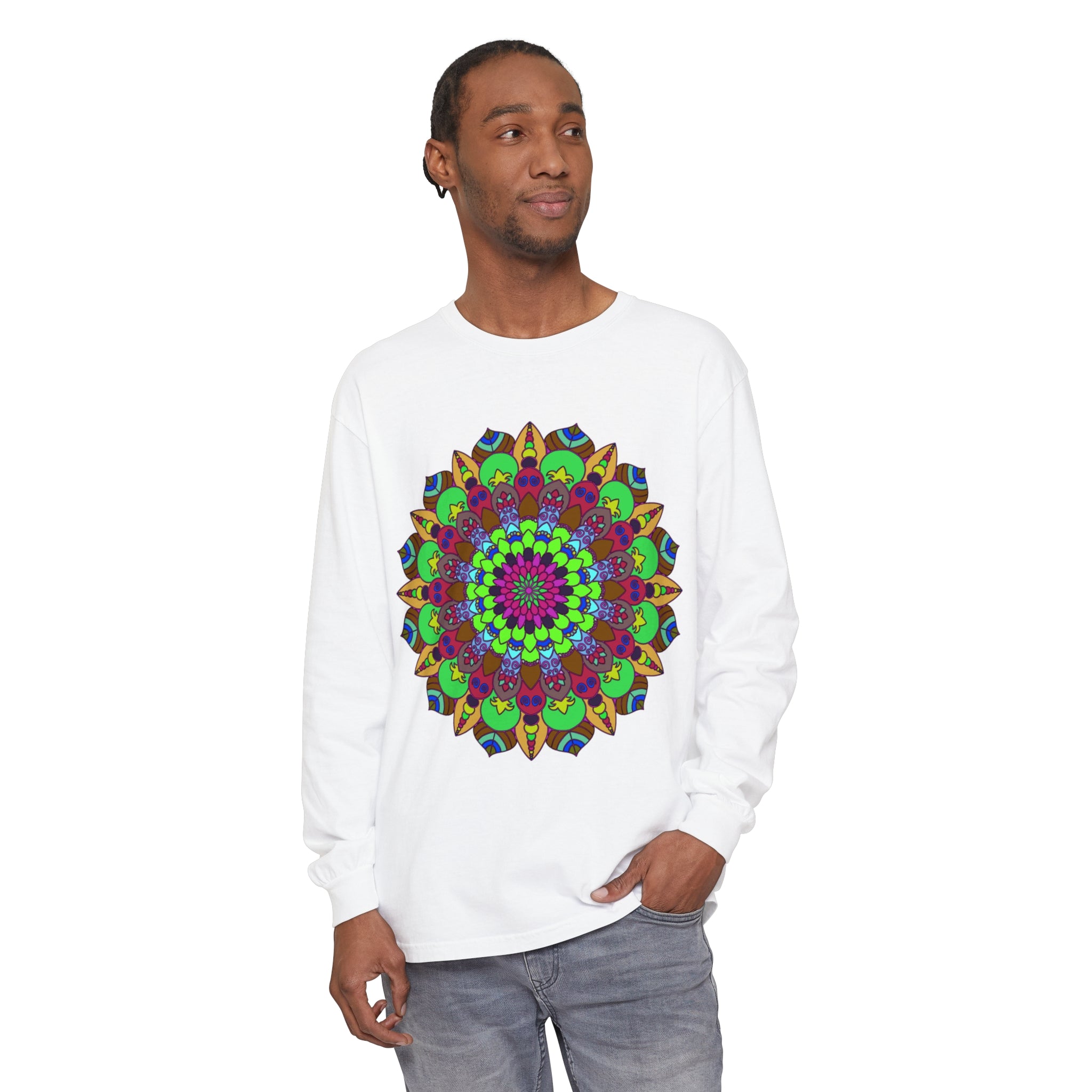 A vibrant and intricate mandala design adorns this unisex long-sleeve t-shirt