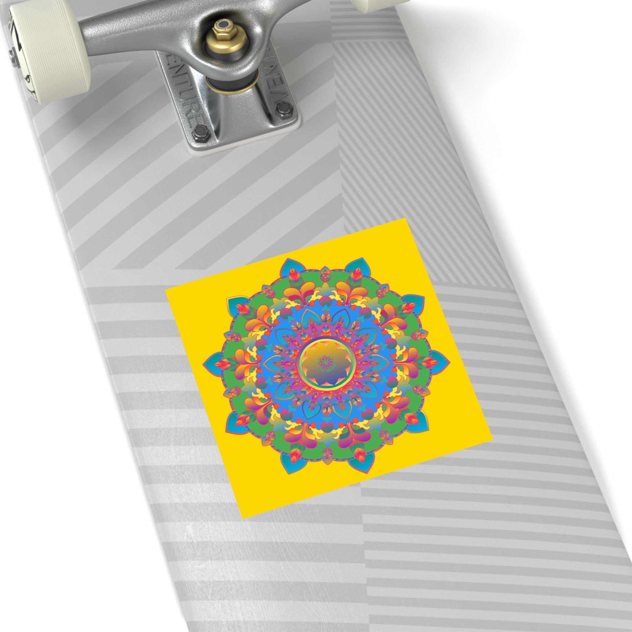 Handgezeichnete Mandala-Laminieraufkleber – Gold, Rot und Grün auf sonnengelbem Grund