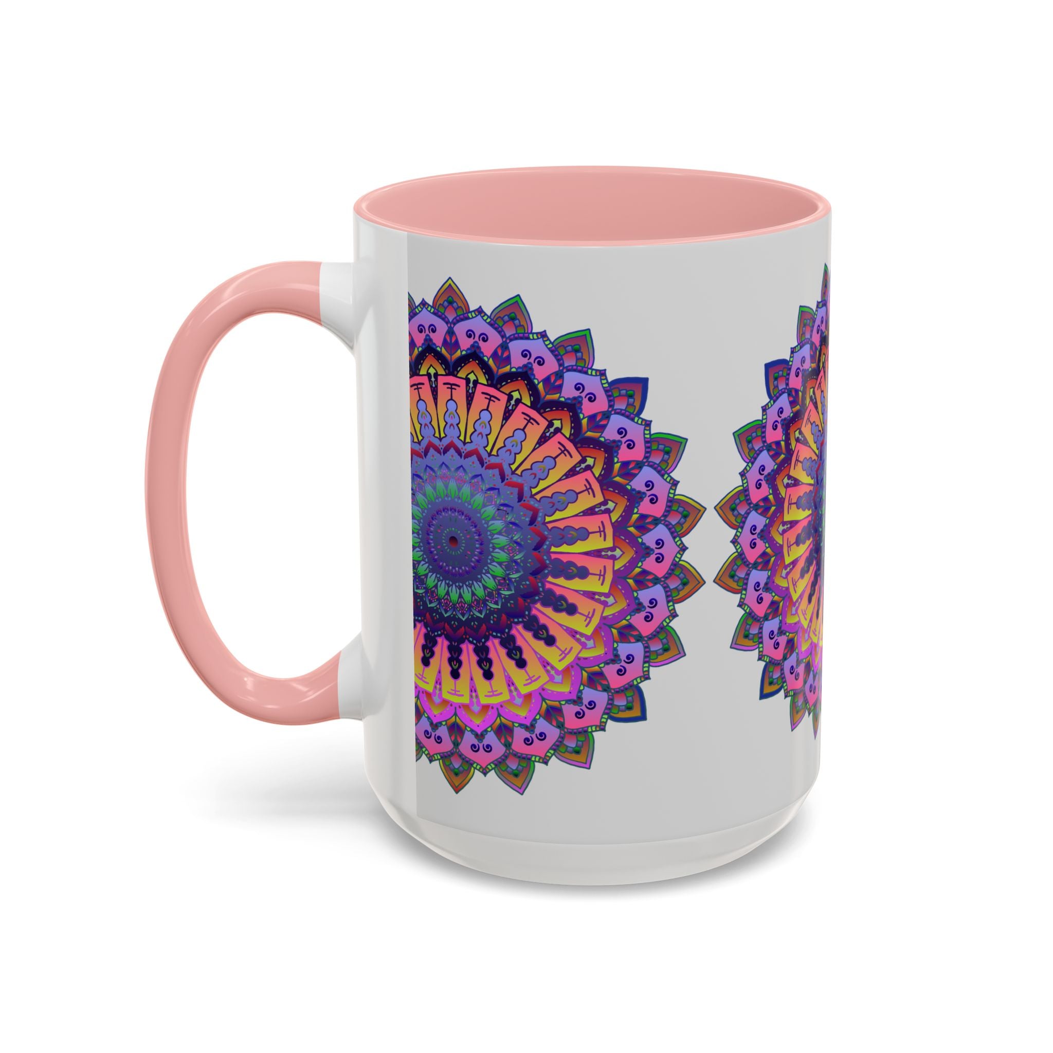 A beautiful mandala design painted on a grey ceramic mug, showcasing vibrant and intricate artwork