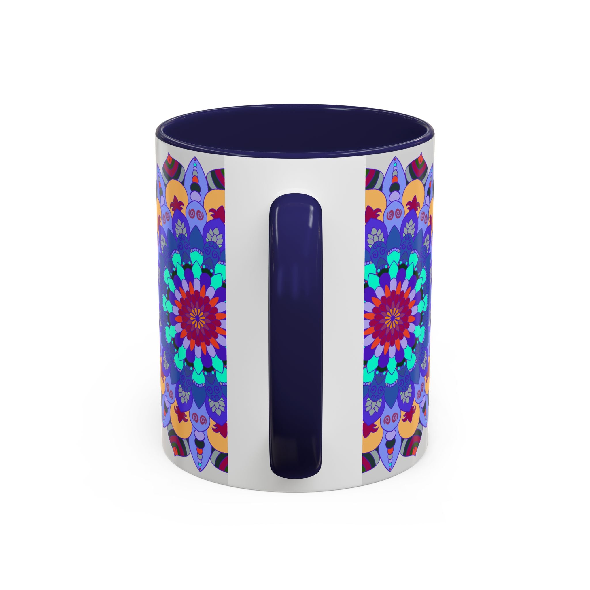 A beautifully designed mandala art mug with colorful, symmetrical patterns