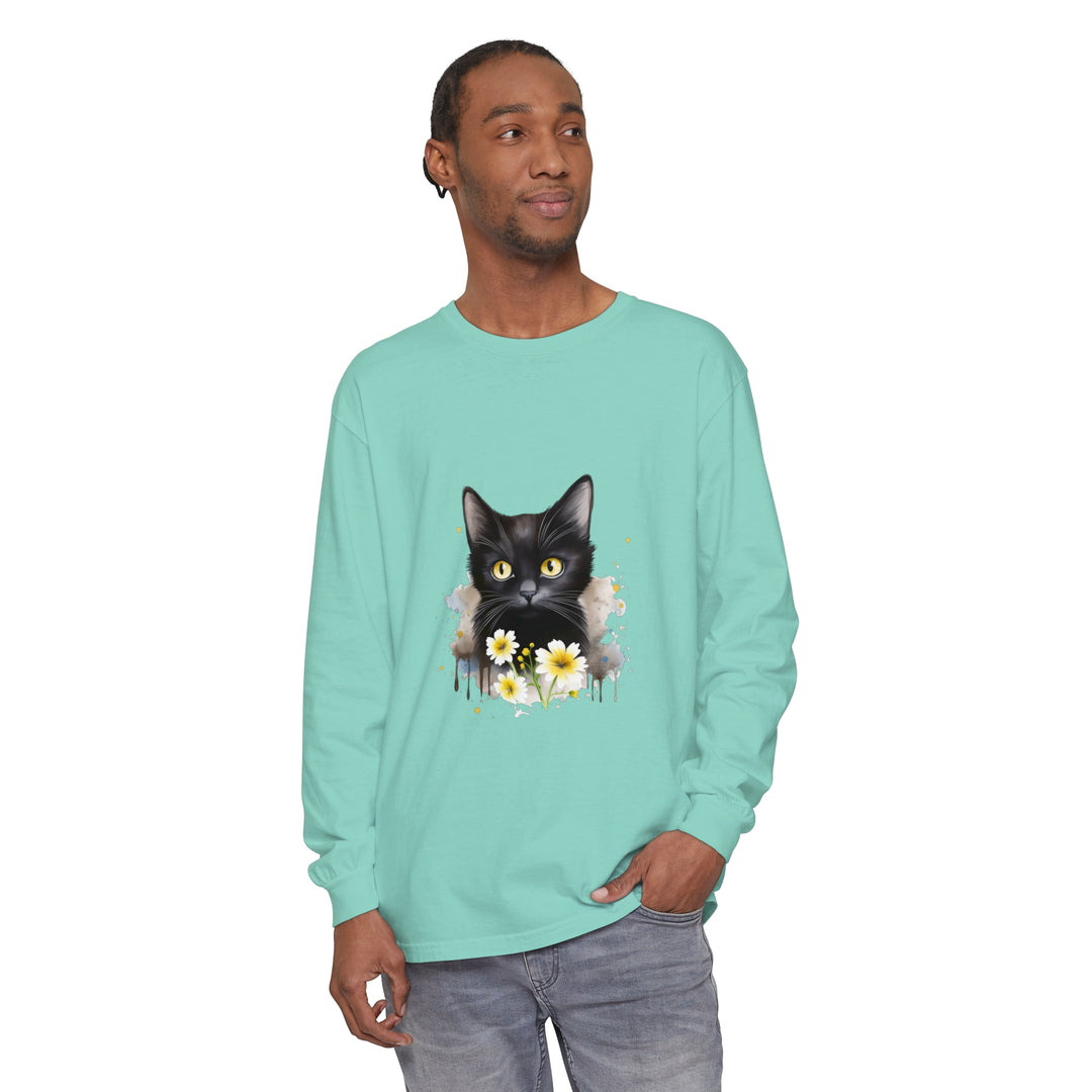 Black Cat Watercolor Floral Unisex T-Shirt featuring a whimsical cat surrounded by vibrant watercolor flowers on a comfortable, gender-neutral tee