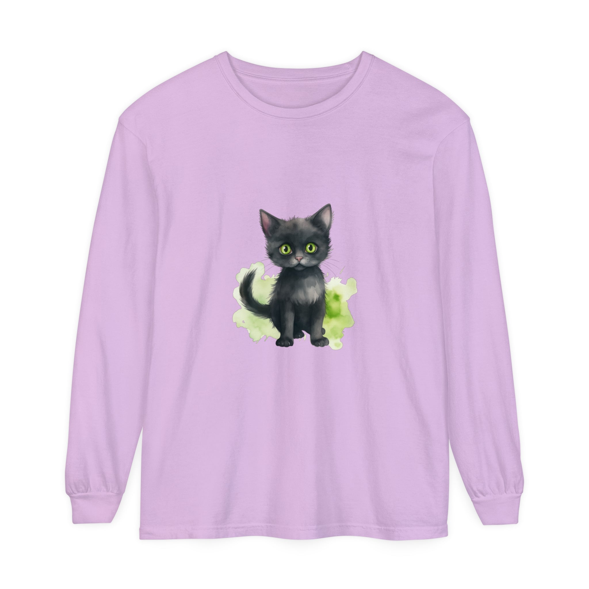 Black Cat Watercolor - Long Sleeve T-Shirt: A stylish and comfortable shirt featuring a beautiful watercolor design of a black cat