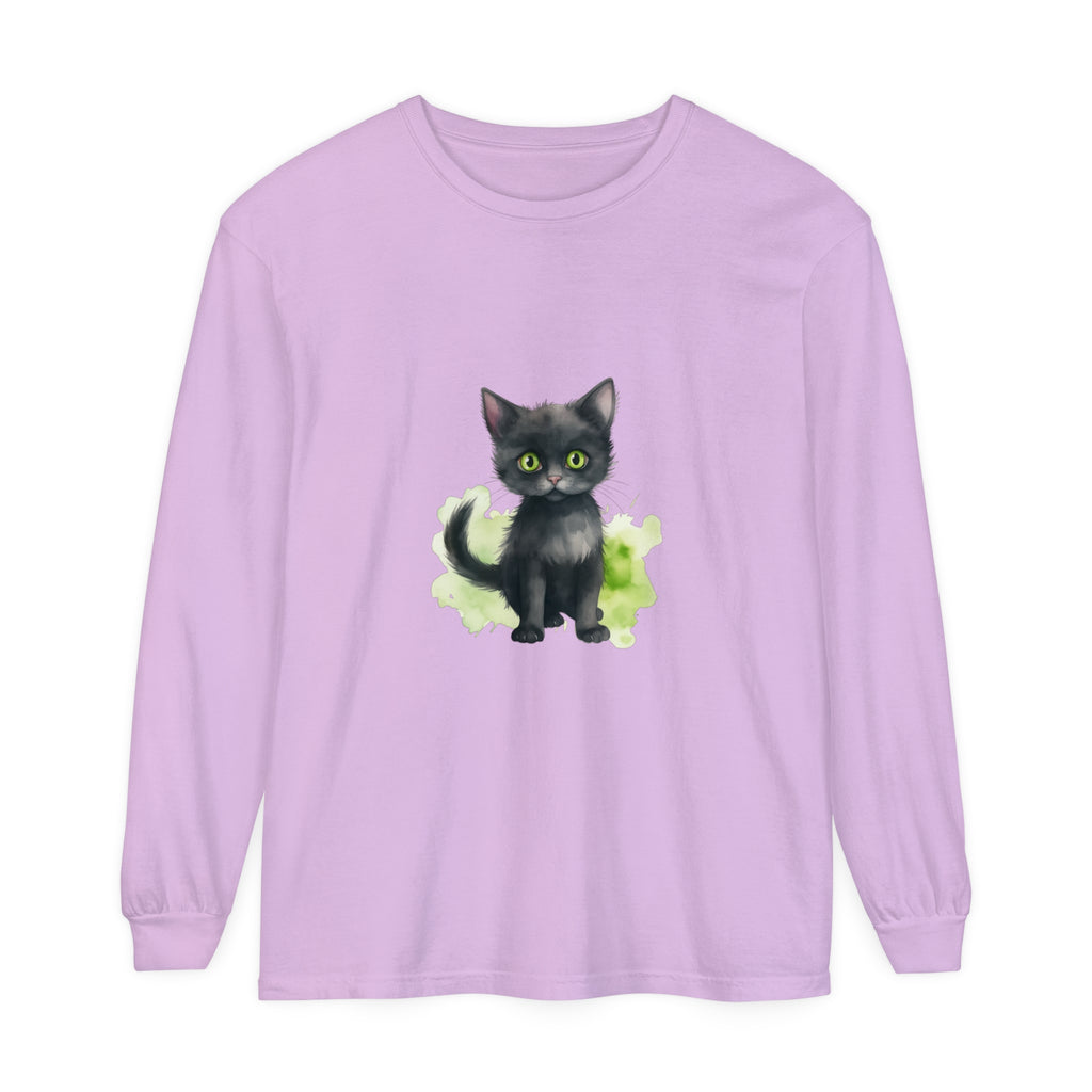 Black Cat Watercolor - Long Sleeve T-Shirt: A stylish and comfortable shirt featuring a beautiful watercolor design of a black cat