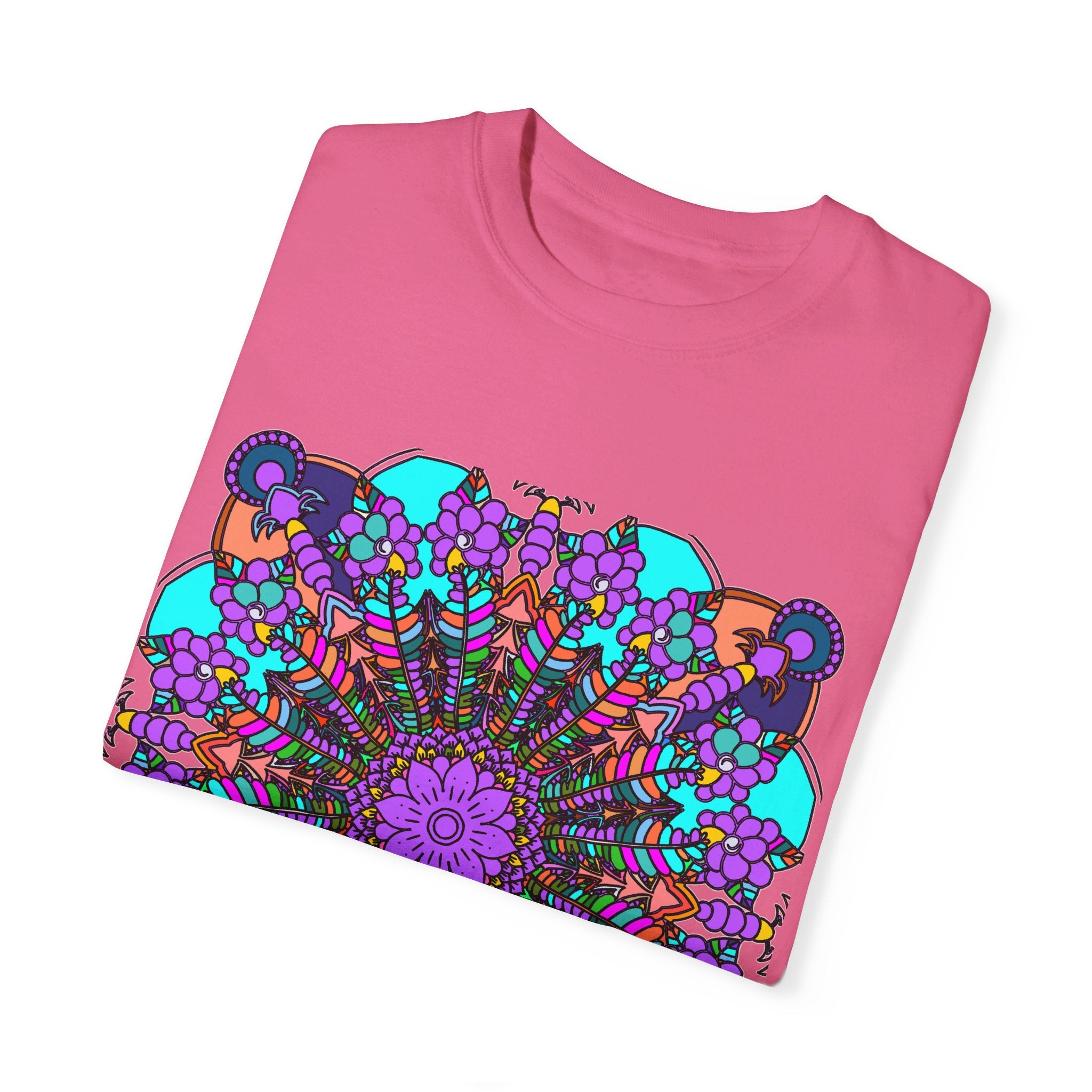 Unisex Mandala T-Shirt featuring hand-drawn mandala art, made from 100% ring-spun cotton and garment-dyed for extra comfort