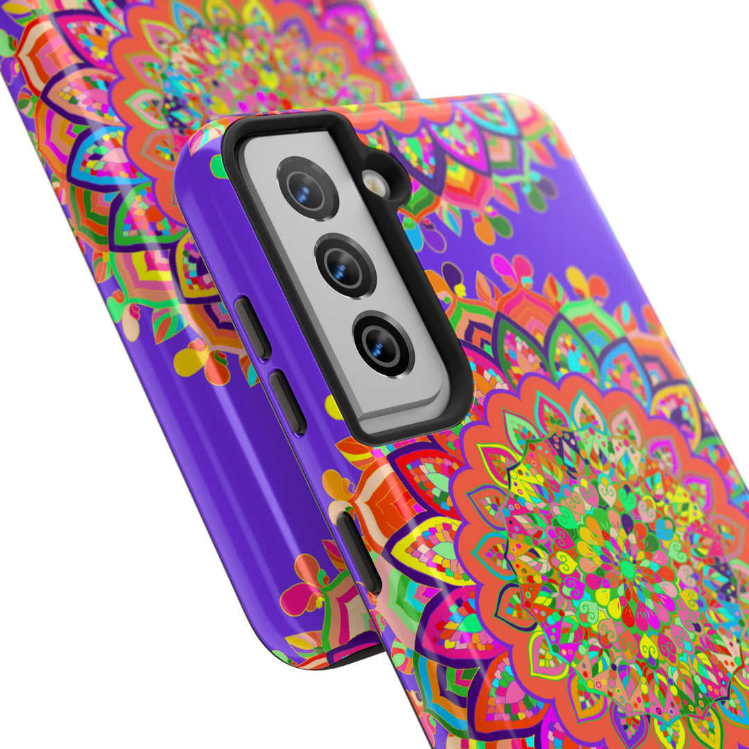 A close-up image of a hand drawn purple mandala art phone case