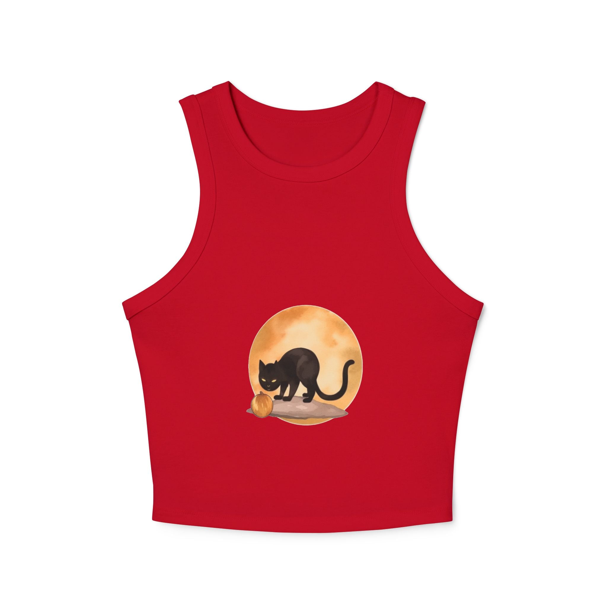 Front view of Black Cat Moonlit Pumpkin Racerback Tank Top for Halloween outfit