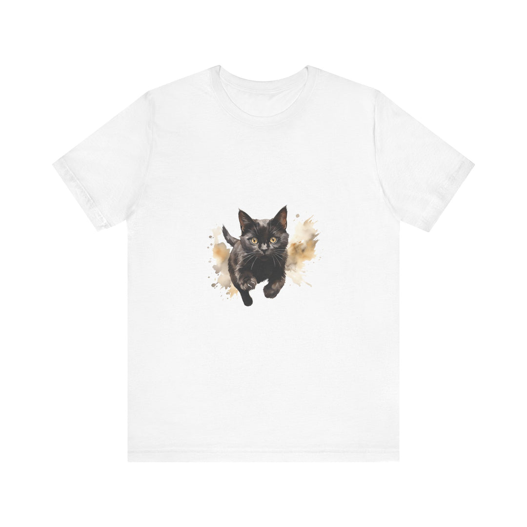 Black Cat Watercolor Sprint T-Shirt: A vibrant and colorful watercolor illustration of a black cat sprinting across the front of a stylish t-shirt