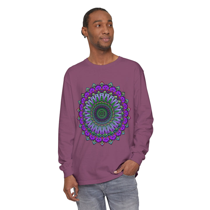 Intricate Mandala Unisex Long Sleeve T-Shirt featuring a stunning and detailed mandala design in various shades of blue and purple, perfect for both men and women