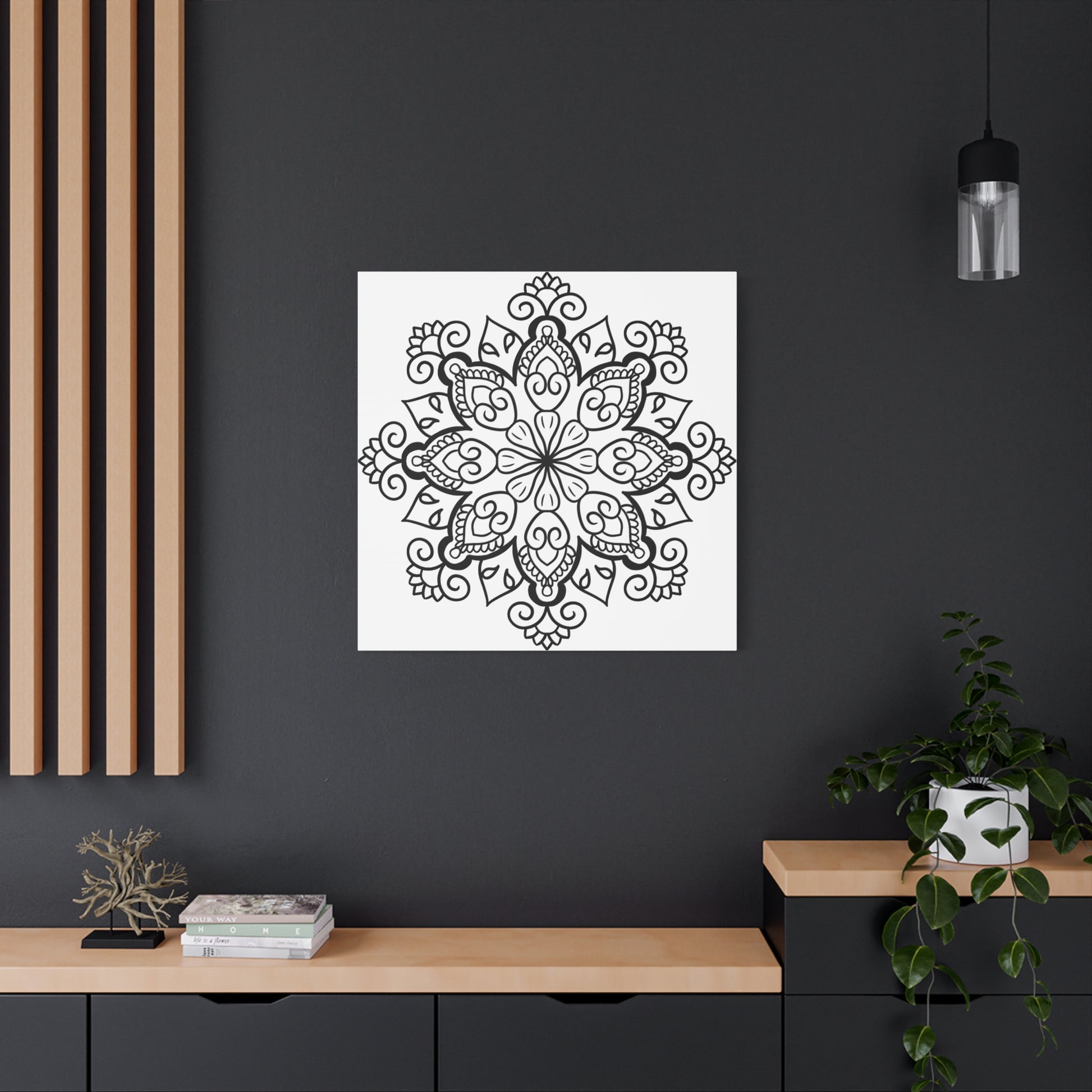 A stunning black and white handmade mandala art piece on matte canvas, stretched to 125 inches