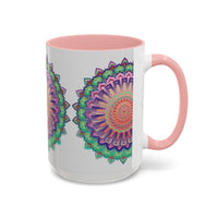 A vibrant and intricate mandala art mug featuring a colorful floral design